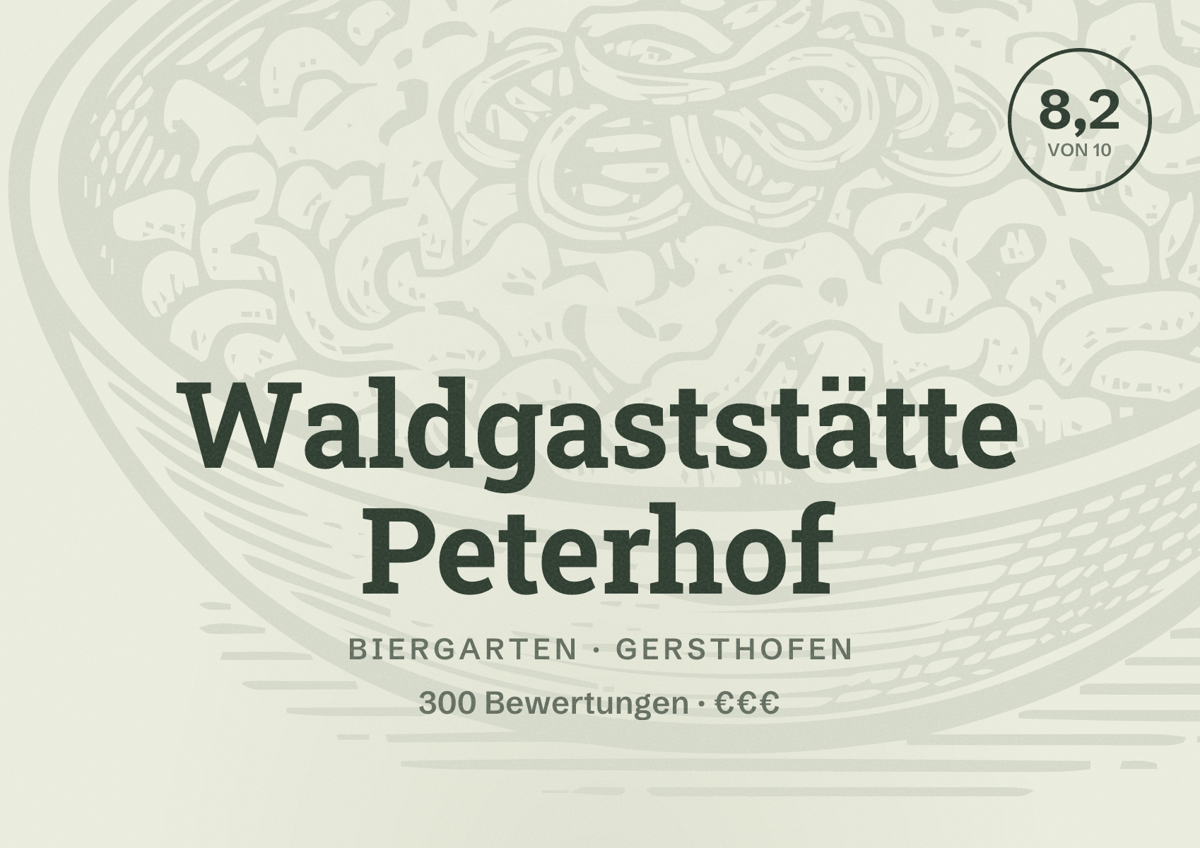 Illustriertes Poster von Waldgaststätte Peterhof, Biergarten in Gersthofen: Bewertung 8,2 von 10 aus 300 Bewertungen, Preisniveau €€€