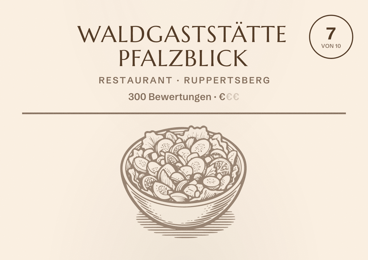 Illustriertes Poster von Waldgaststätte Pfalzblick, Restaurant in Ruppertsberg: Bewertung 7 von 10 aus 300 Bewertungen, Preisniveau €