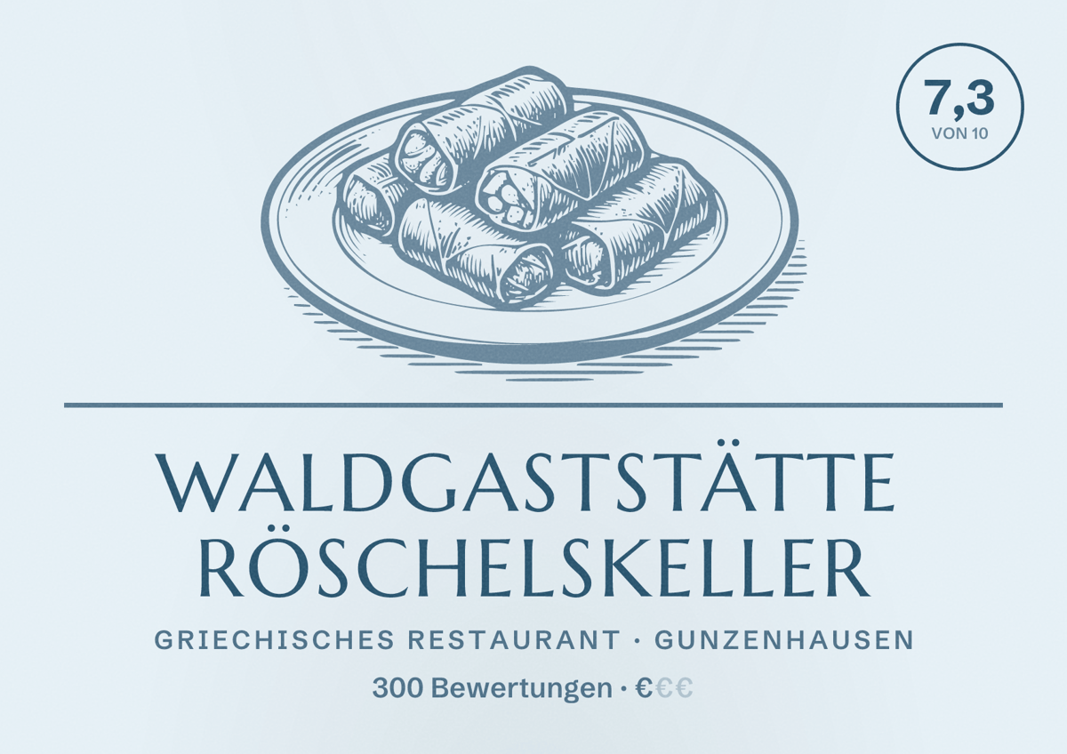 Illustriertes Poster von Waldgaststätte Röschelskeller, Griechisches Restaurant in Gunzenhausen: Bewertung 7,3 von 10 aus 300 Bewertungen, Preisniveau €