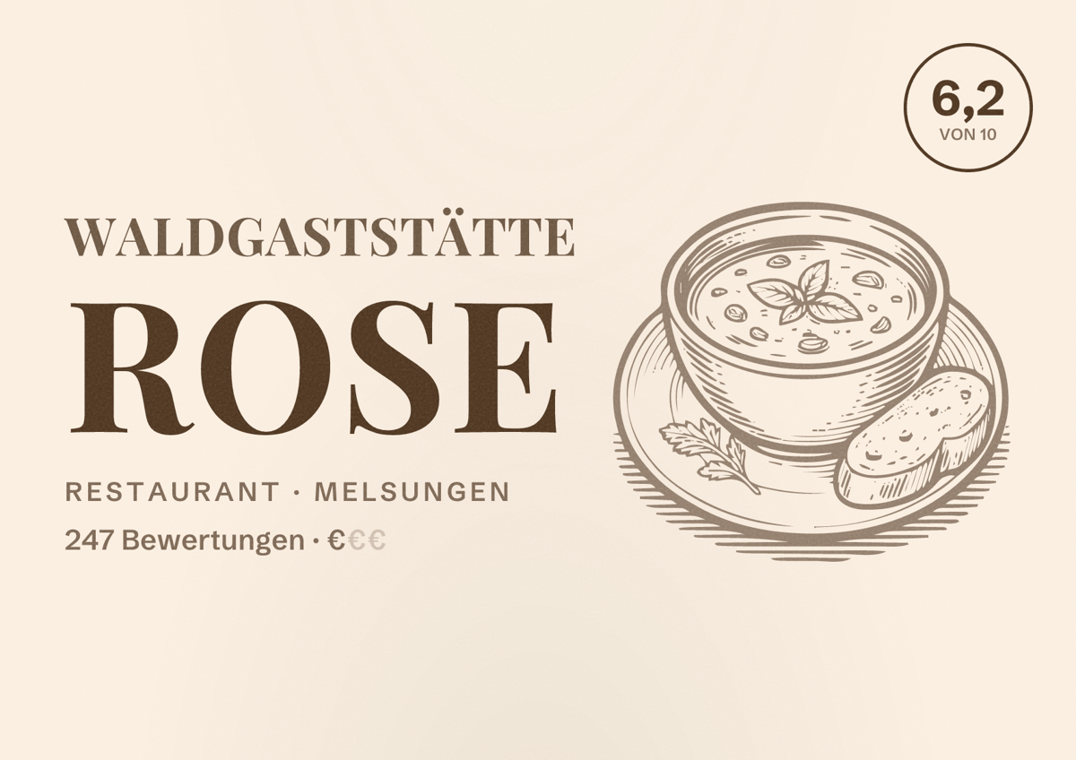 Illustriertes Poster von Waldgaststätte Rose, Restaurant in Melsungen: Bewertung 6,2 von 10 aus 247 Bewertungen, Preisniveau €