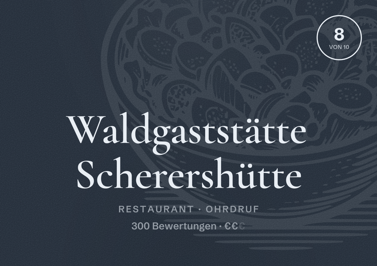 Illustriertes Poster von Waldgaststätte Scherershütte, Restaurant in Ohrdruf: Bewertung 8 von 10 aus 300 Bewertungen, Preisniveau €€