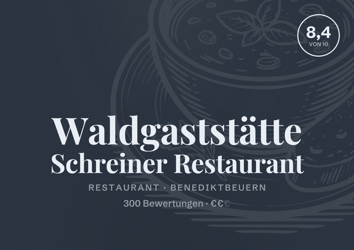 Illustriertes Poster von Waldgaststätte Schreiner Restaurant, Restaurant in Benediktbeuern: Bewertung 8,4 von 10 aus 300 Bewertungen, Preisniveau €€