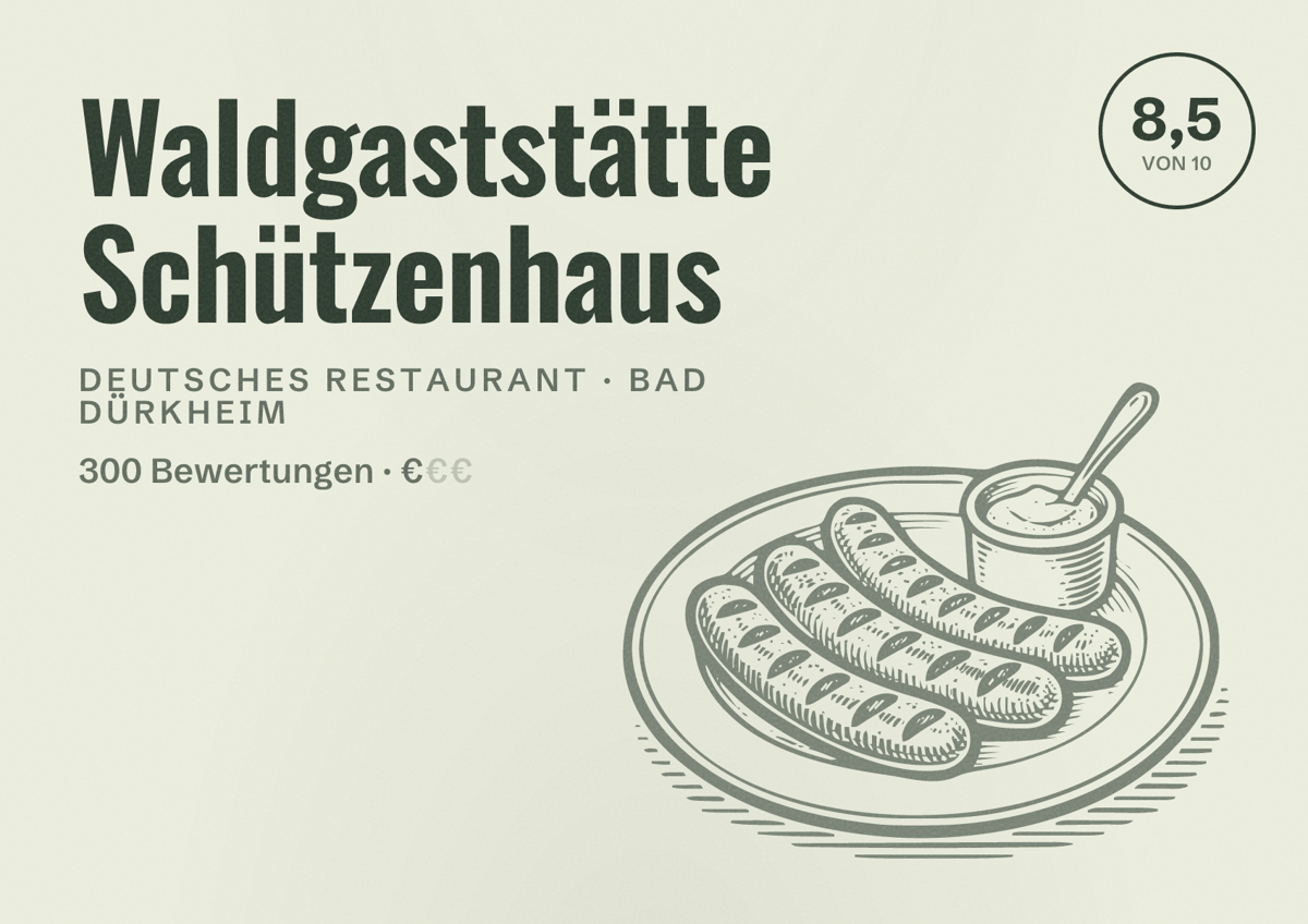 Illustriertes Poster von Waldgaststätte Schützenhaus, Deutsches Restaurant in Bad Dürkheim: Bewertung 8,5 von 10 aus 300 Bewertungen, Preisniveau €