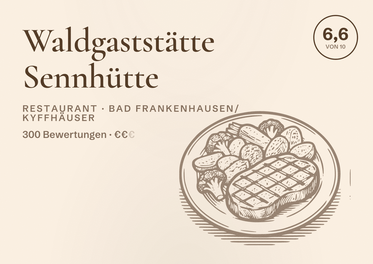 Illustriertes Poster von Waldgaststätte Sennhütte, Restaurant in Bad Frankenhausen/Kyffhäuser: Bewertung 6,6 von 10 aus 300 Bewertungen, Preisniveau €€