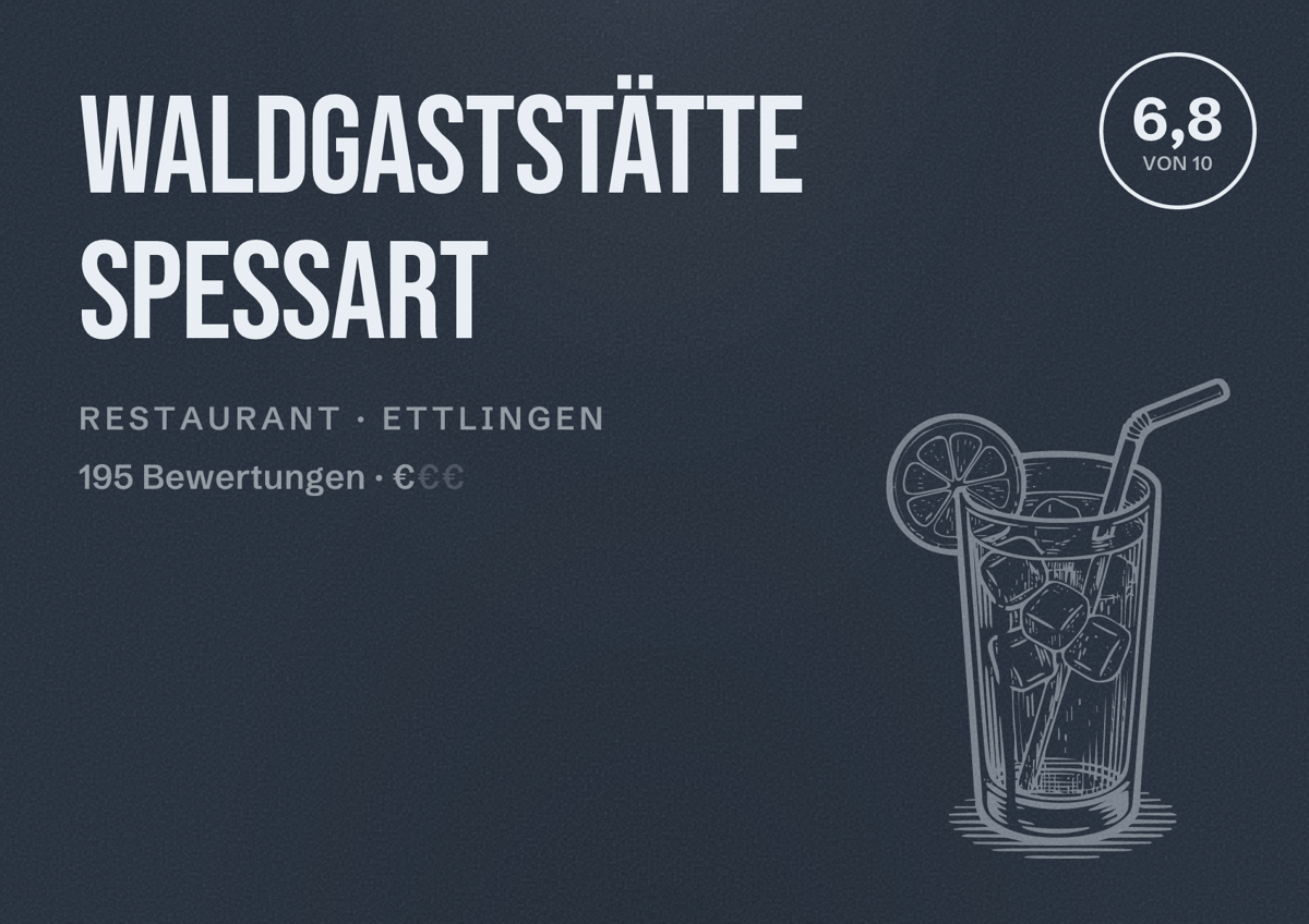 Illustriertes Poster von Waldgaststätte Spessart, Restaurant in Ettlingen: Bewertung 6,8 von 10 aus 195 Bewertungen, Preisniveau €