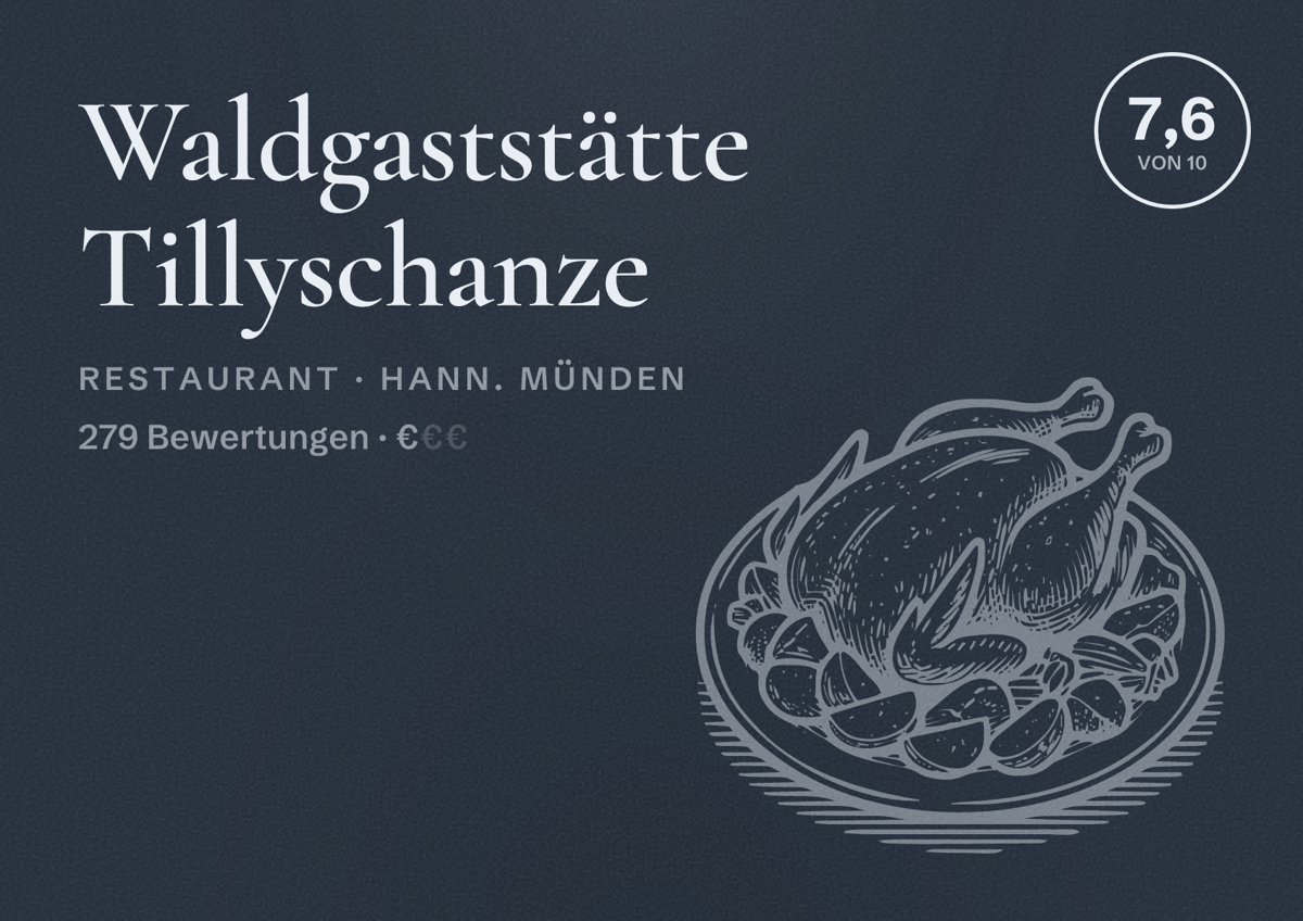 Illustriertes Poster von Waldgaststätte Tillyschanze, Restaurant in Hann. Münden: Bewertung 7,6 von 10 aus 279 Bewertungen, Preisniveau €