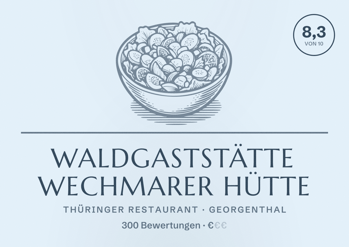 Illustriertes Poster von Waldgaststätte Wechmarer Hütte, Thüringer Restaurant in Georgenthal: Bewertung 8,3 von 10 aus 300 Bewertungen, Preisniveau €