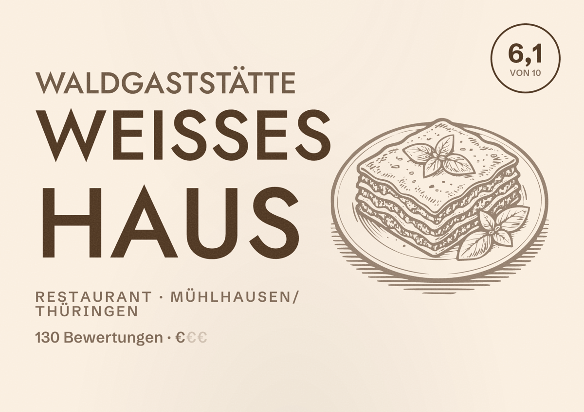 Illustriertes Poster von Waldgaststätte Weißes Haus, Restaurant in Mühlhausen/Thüringen: Bewertung 6,1 von 10 aus 130 Bewertungen, Preisniveau €
