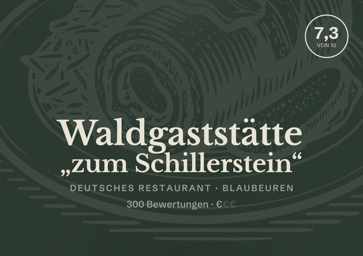 Illustriertes Poster von Waldgaststätte „zum Schillerstein“, Deutsches Restaurant in Blaubeuren: Bewertung 7,3 von 10 aus 300 Bewertungen, Preisniveau €