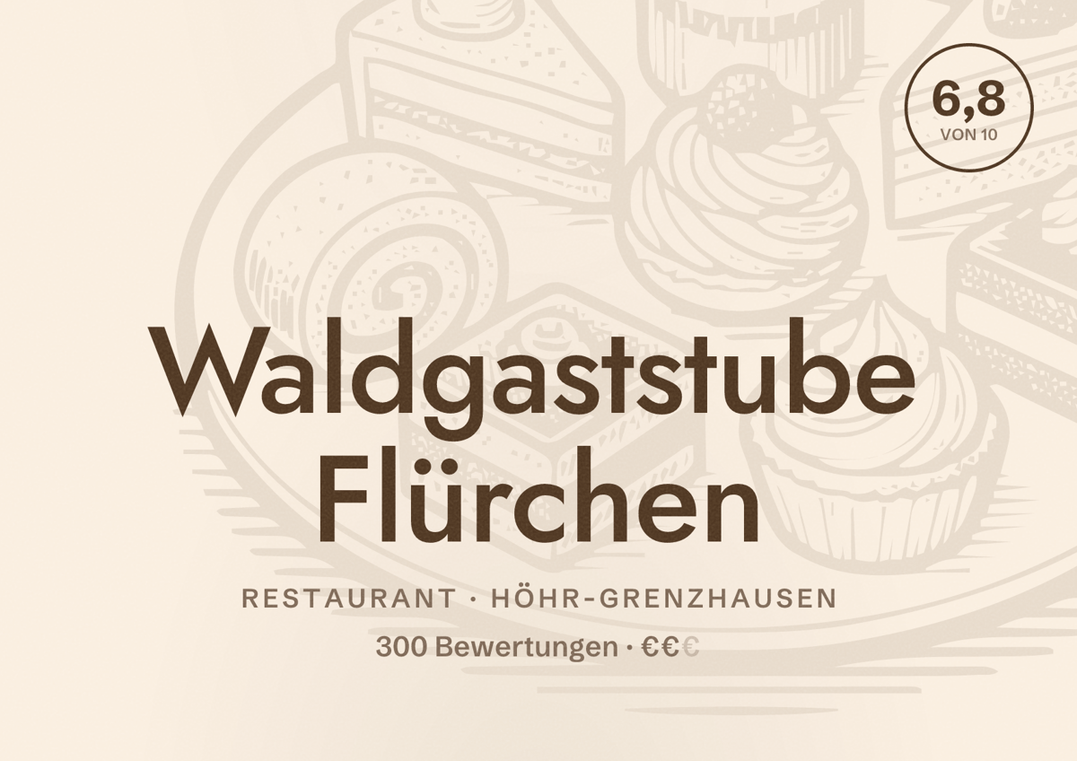 Illustriertes Poster von Waldgaststube Flürchen, Restaurant in Höhr-Grenzhausen: Bewertung 6,8 von 10 aus 300 Bewertungen, Preisniveau €€