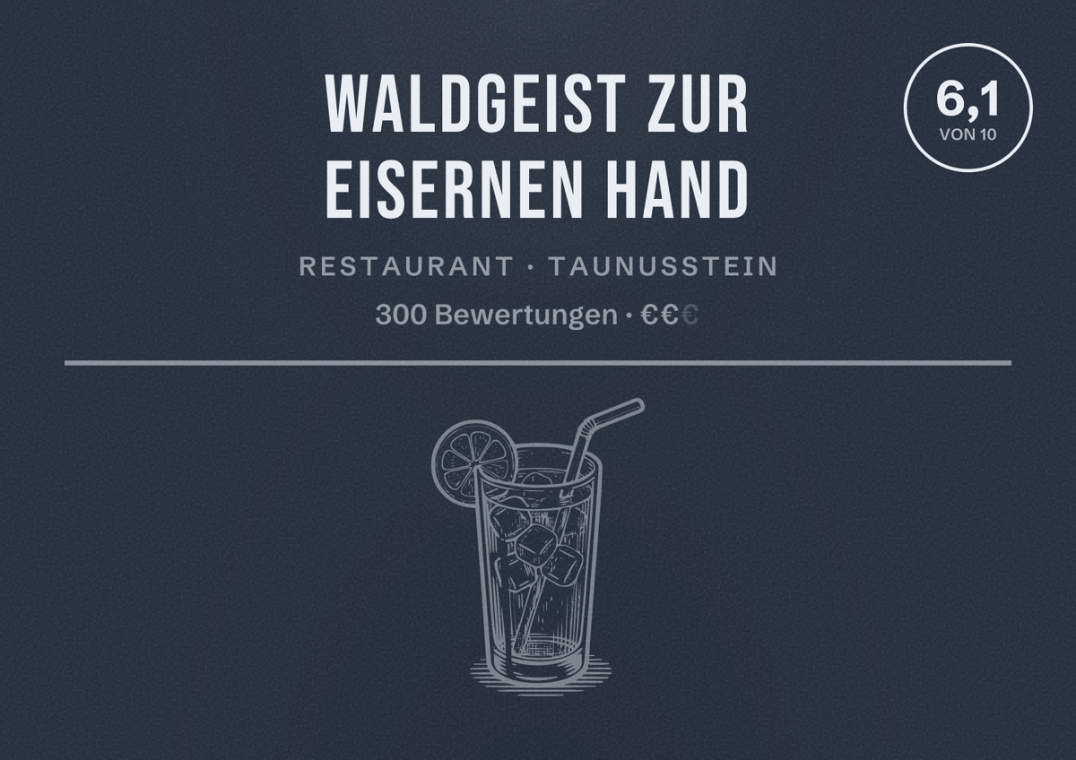 Illustriertes Poster von Waldgeist zur Eisernen Hand, Restaurant in Taunusstein: Bewertung 6,1 von 10 aus 300 Bewertungen, Preisniveau €€