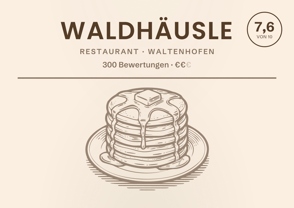 Illustriertes Poster von Waldhäusle, Restaurant in Waltenhofen: Bewertung 7,6 von 10 aus 300 Bewertungen, Preisniveau €€