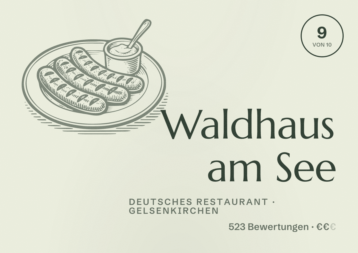Illustriertes Poster von Waldhaus am See, Deutsches Restaurant in Gelsenkirchen: Bewertung 9 von 10 aus 523 Bewertungen, Preisniveau €€