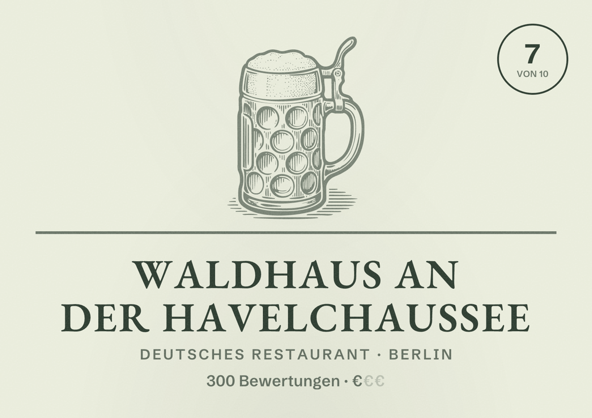 Illustriertes Poster von Waldhaus an der Havelchaussee, Deutsches Restaurant in Berlin: Bewertung 7,0 von 10 aus 300 Bewertungen, Preisniveau €