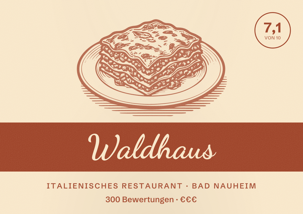 Illustriertes Poster von Waldhaus, Italienisches Restaurant in Bad Nauheim: Bewertung 7,1 von 10 aus 300 Bewertungen, Preisniveau €€€