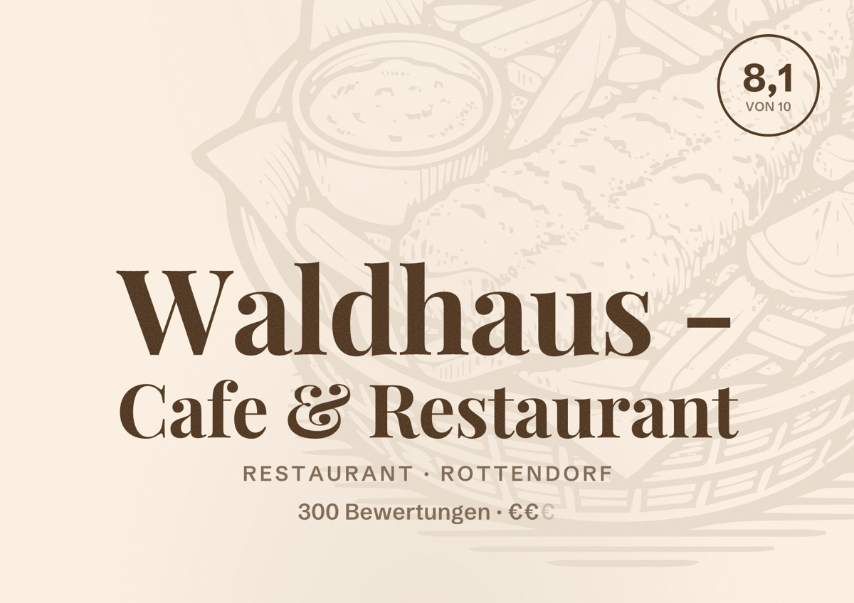 Illustriertes Poster von Waldhaus - Cafe & Restaurant, Restaurant in Rottendorf: Bewertung 8,1 von 10 aus 300 Bewertungen, Preisniveau €€