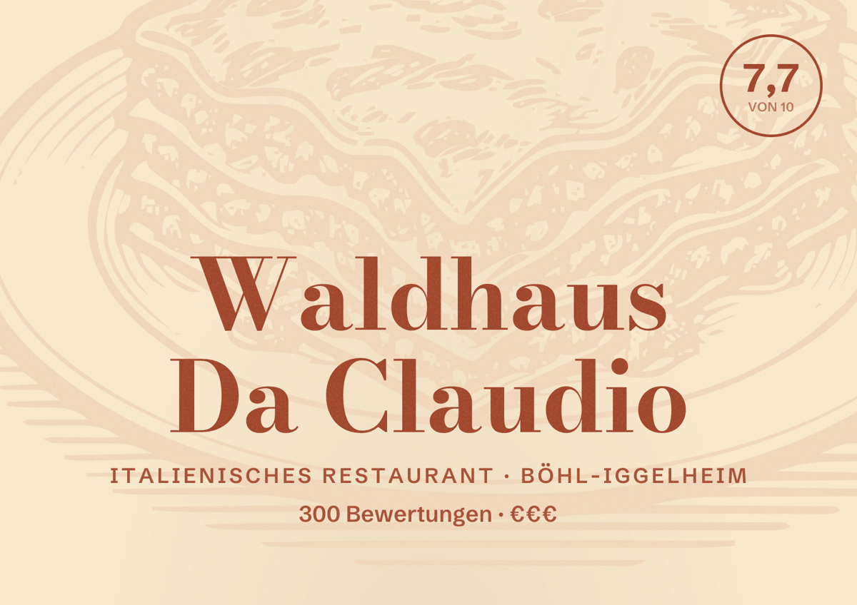 Illustriertes Poster von Waldhaus Da Claudio, Italienisches Restaurant in Böhl-Iggelheim: Bewertung 7,7 von 10 aus 300 Bewertungen, Preisniveau €€€
