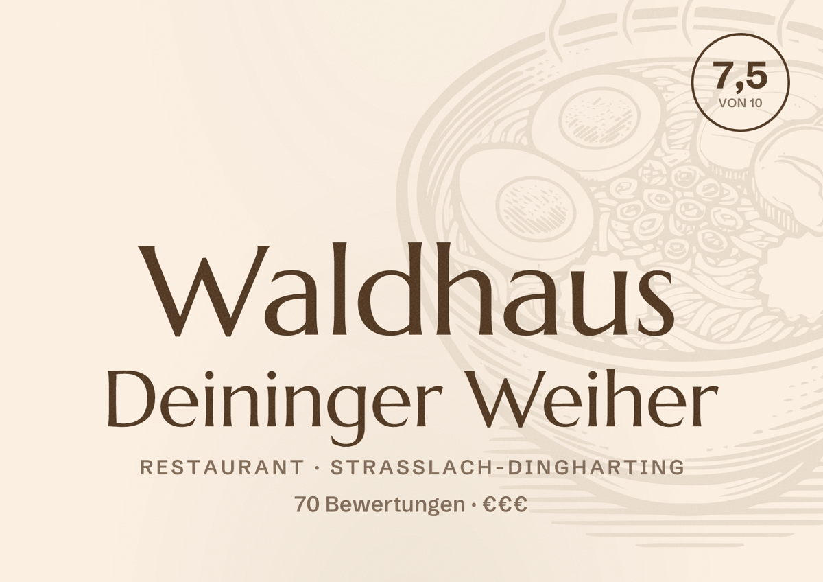 Illustriertes Poster von Waldhaus Deininger Weiher, Restaurant in Straßlach-Dingharting: Bewertung 7,5 von 10 aus 70 Bewertungen, Preisniveau €€€