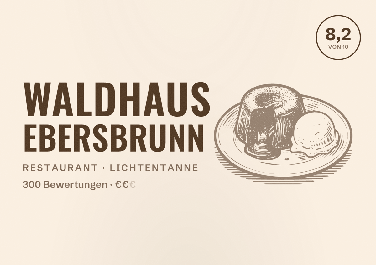 Illustriertes Poster von Waldhaus Ebersbrunn, Restaurant in Lichtentanne: Bewertung 8,2 von 10 aus 300 Bewertungen, Preisniveau €€