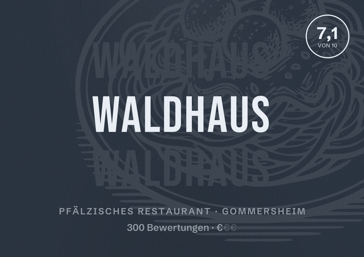 Illustriertes Poster von Waldhaus, Pfälzisches Restaurant in Gommersheim: Bewertung 7,1 von 10 aus 300 Bewertungen, Preisniveau €