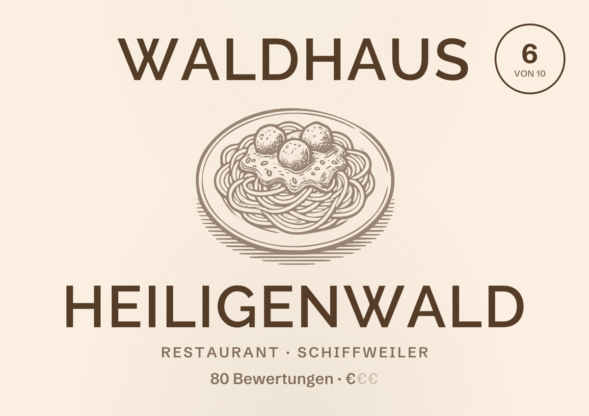 Illustriertes Poster von Waldhaus Heiligenwald, Restaurant in Schiffweiler: Bewertung 6 von 10 aus 80 Bewertungen, Preisniveau €
