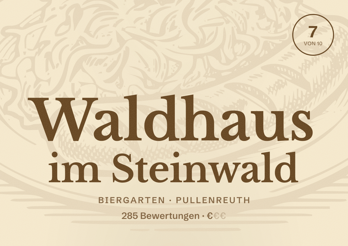 Illustriertes Poster von Waldhaus im Steinwald, Biergarten in Pullenreuth: Bewertung 7 von 10 aus 285 Bewertungen, Preisniveau €