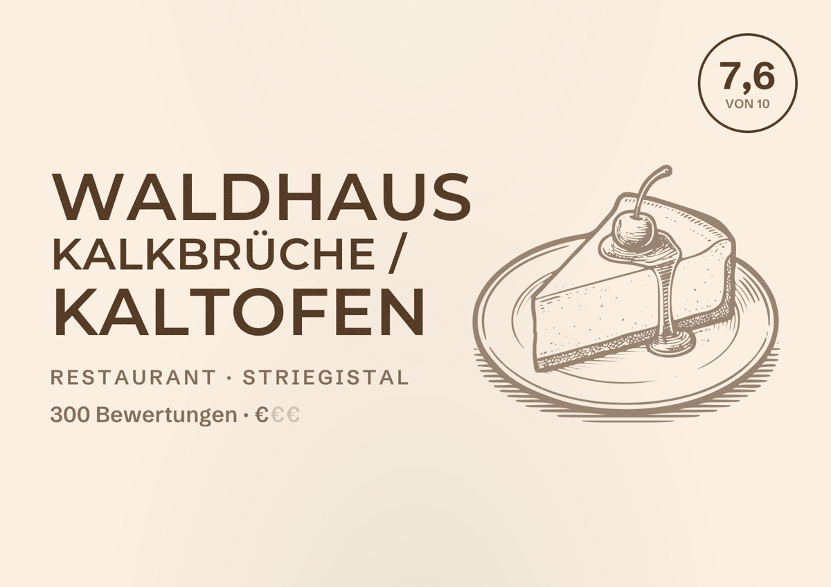 Illustriertes Poster von Waldhaus Kalkbrüche / Kaltofen, Restaurant in Striegistal: Bewertung 7,6 von 10 aus 300 Bewertungen, Preisniveau €