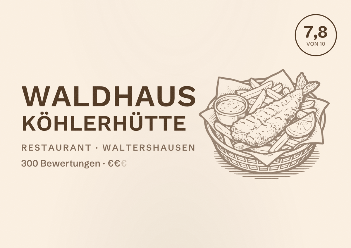 Illustriertes Poster von Waldhaus Köhlerhütte, Restaurant in Waltershausen: Bewertung 7,8 von 10 aus 300 Bewertungen, Preisniveau €€