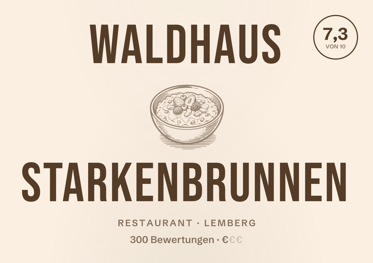 Illustriertes Poster von Waldhaus Starkenbrunnen, Restaurant in Lemberg: Bewertung 7,3 von 10 aus 300 Bewertungen, Preisniveau €