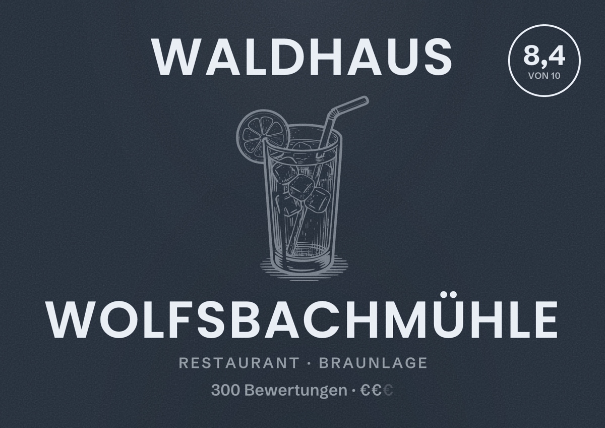 Illustriertes Poster von Waldhaus Wolfsbachmühle, Restaurant in Braunlage: Bewertung 8,4 von 10 aus 300 Bewertungen, Preisniveau €€