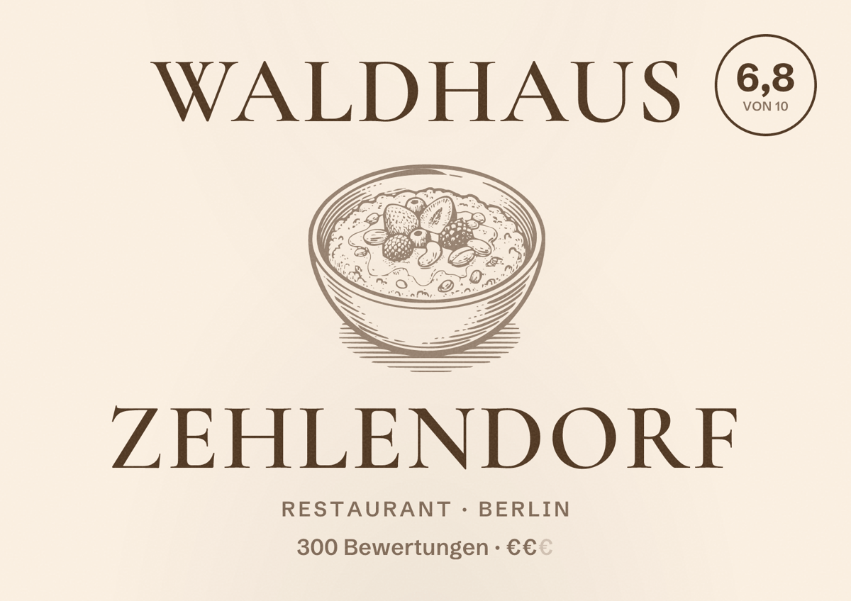 Illustriertes Poster von Waldhaus Zehlendorf, Restaurant in Berlin: Bewertung 6,8 von 10 aus 300 Bewertungen, Preisniveau €€