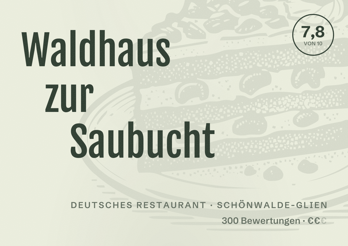Illustriertes Poster von Waldhaus zur Saubucht, Deutsches Restaurant in Schönwalde-Glien: Bewertung 7,8 von 10 aus 300 Bewertungen, Preisniveau €€