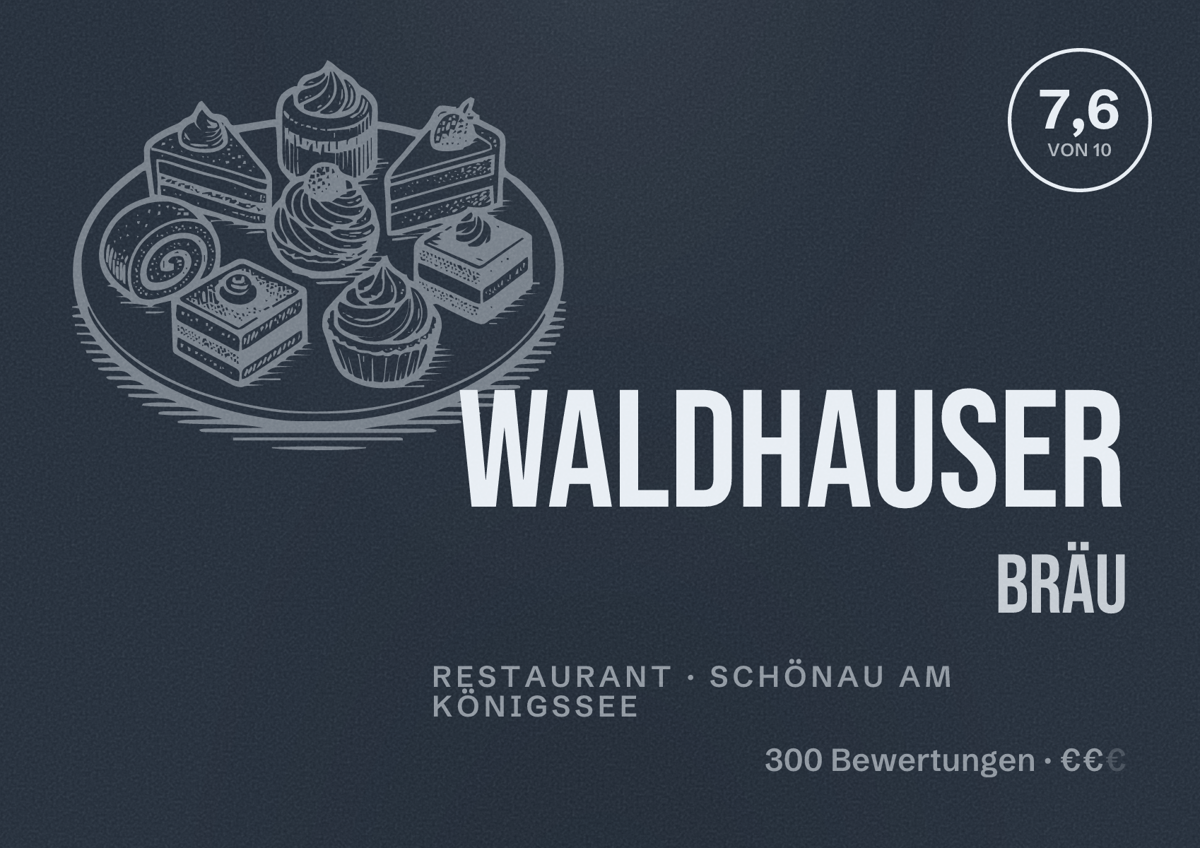Illustriertes Poster von Waldhauser Bräu, Restaurant in Schönau am Königssee: Bewertung 7,6 von 10 aus 300 Bewertungen, Preisniveau €€
