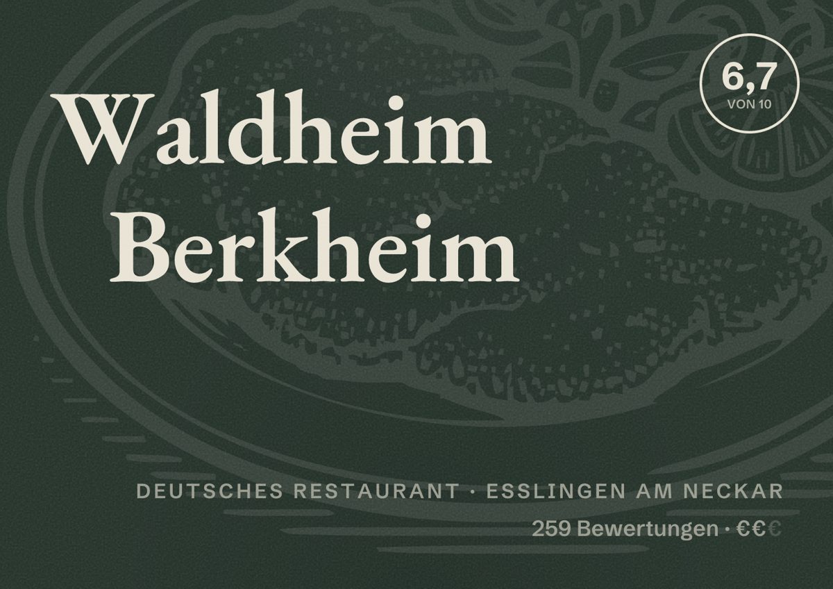 Illustriertes Poster von Waldheim Berkheim, Deutsches Restaurant in Esslingen am Neckar: Bewertung 6,7 von 10 aus 259 Bewertungen, Preisniveau €€