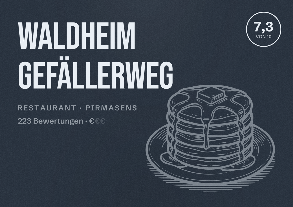Illustriertes Poster von Waldheim Gefällerweg, Restaurant in Pirmasens: Bewertung 7,3 von 10 aus 223 Bewertungen, Preisniveau €