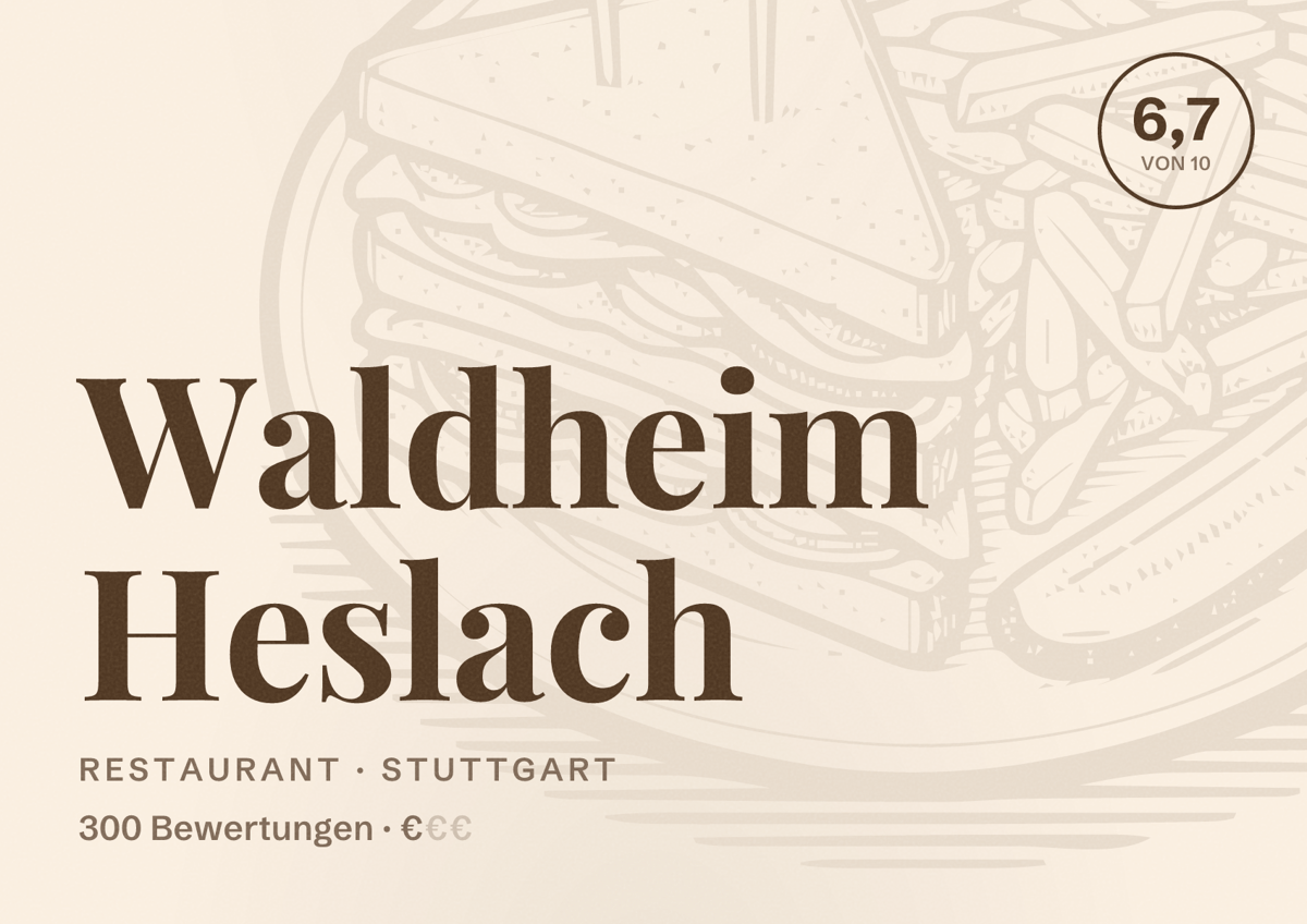 Illustriertes Poster von Waldheim Heslach, Restaurant in Stuttgart: Bewertung 6,7 von 10 aus 300 Bewertungen, Preisniveau €