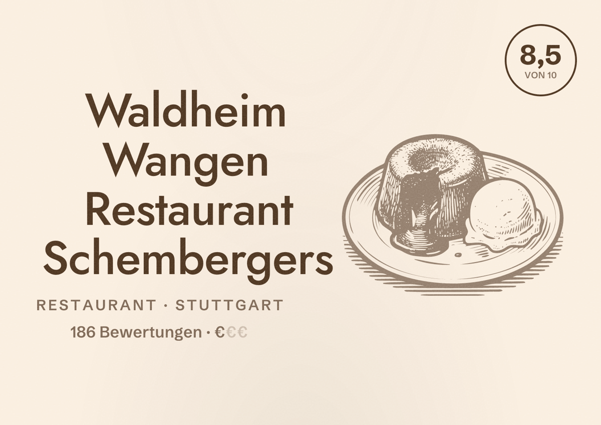Illustriertes Poster von Waldheim Wangen Restaurant Schembergers, Restaurant in Stuttgart: Bewertung 8,5 von 10 aus 186 Bewertungen, Preisniveau €