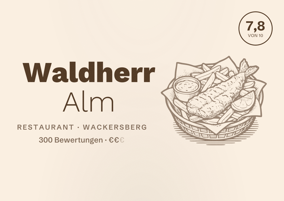 Illustriertes Poster von Waldherr Alm, Restaurant in Wackersberg: Bewertung 7,8 von 10 aus 300 Bewertungen, Preisniveau €€
