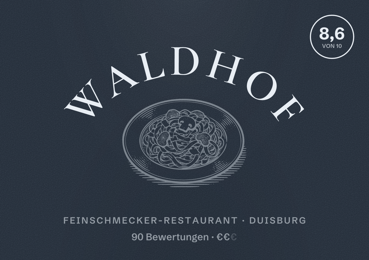 Illustriertes Poster von Waldhof, Feinschmecker-Restaurant in Duisburg: Bewertung 8,6 von 10 aus 90 Bewertungen, Preisniveau €€