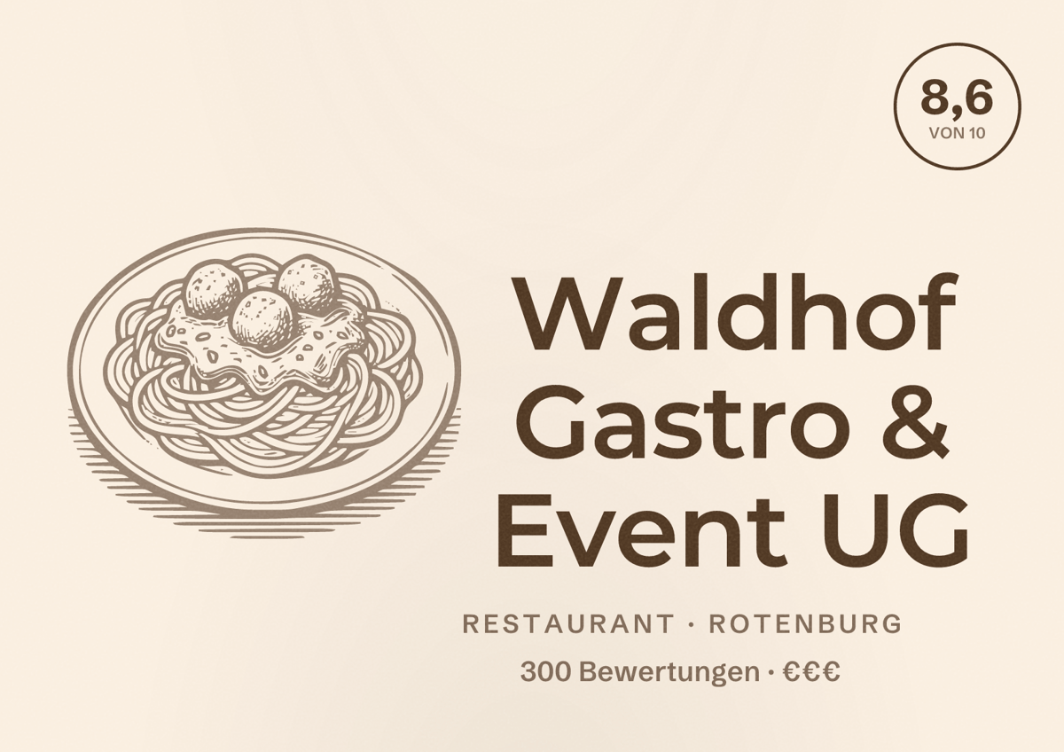 Illustriertes Poster von Waldhof Gastro & Event UG, Restaurant in Rotenburg: Bewertung 8,6 von 10 aus 300 Bewertungen, Preisniveau €€€