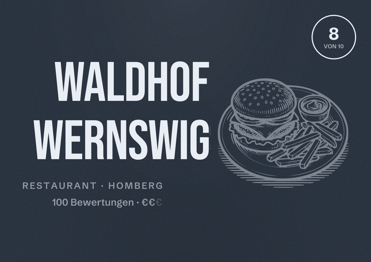 Illustriertes Poster von Waldhof Wernswig, Restaurant in Homberg: Bewertung 8 von 10 aus 100 Bewertungen, Preisniveau €€