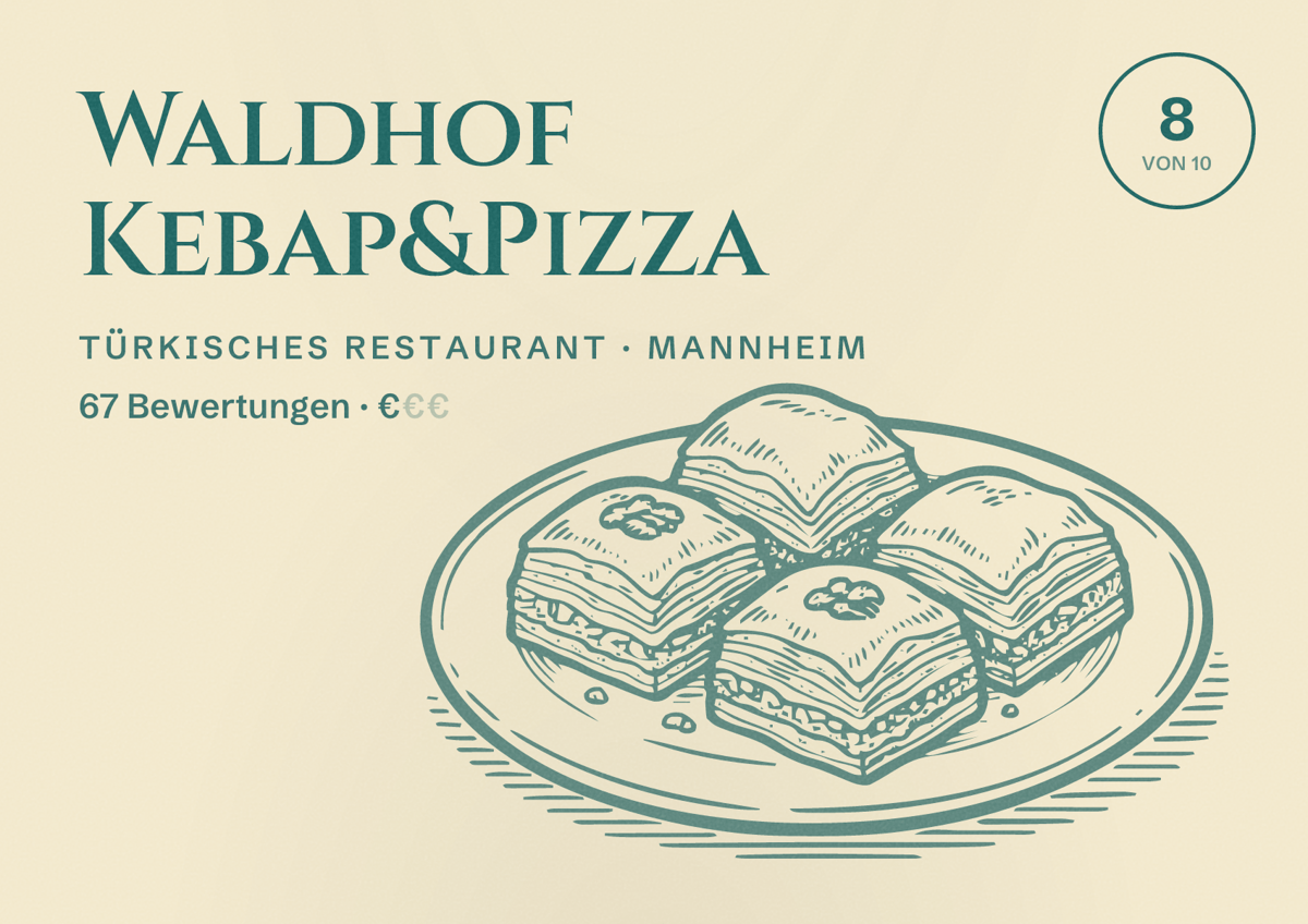 Illustriertes Poster von Waldhof Kebap&Pizza, Türkisches Restaurant in Mannheim: Bewertung 8 von 10 aus 67 Bewertungen, Preisniveau €