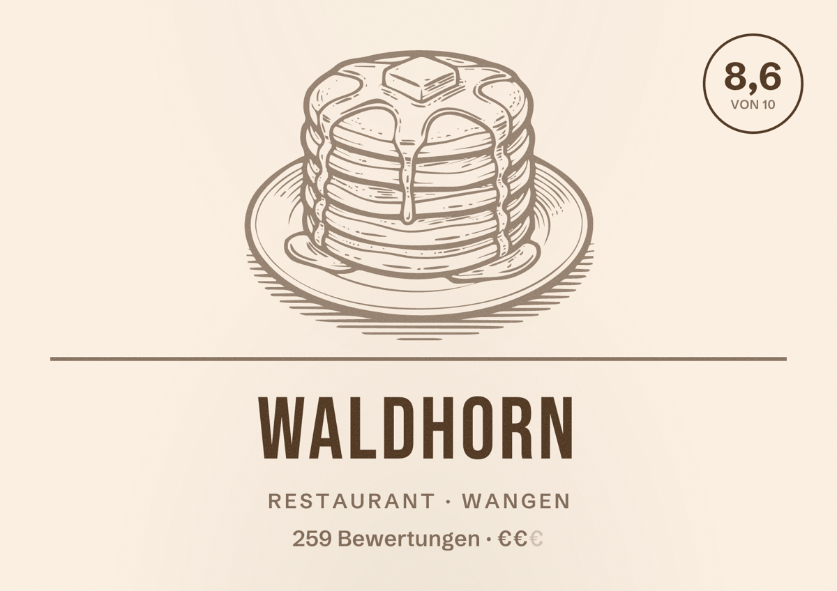 Illustriertes Poster von Waldhorn, Restaurant in Wangen: Bewertung 8,6 von 10 aus 259 Bewertungen, Preisniveau €€