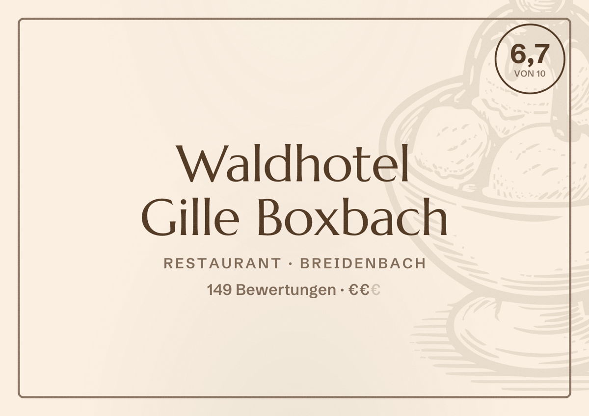 Illustriertes Poster von Waldhotel Gille Boxbach, Restaurant in Breidenbach: Bewertung 6,7 von 10 aus 149 Bewertungen, Preisniveau €€