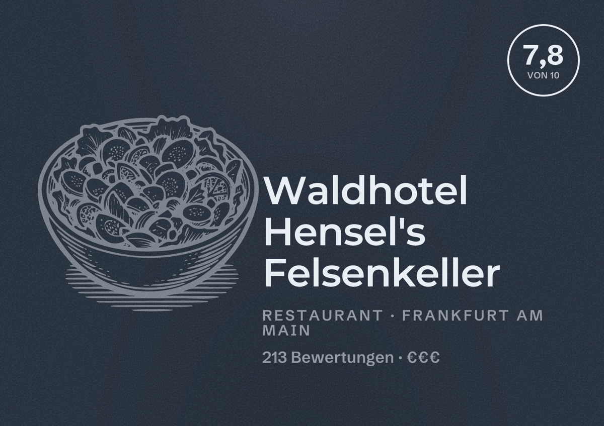 Illustriertes Poster von Waldhotel Hensel's Felsenkeller, Restaurant in Frankfurt am Main: Bewertung 7,8 von 10 aus 213 Bewertungen, Preisniveau €€€