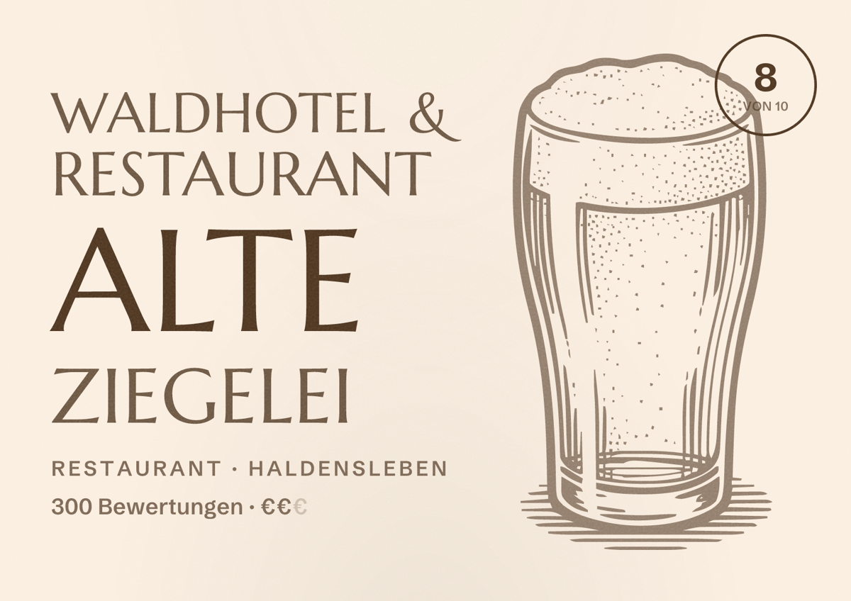 Illustriertes Poster von Waldhotel & Restaurant Alte Ziegelei, Restaurant in Haldensleben: Bewertung 8 von 10 aus 300 Bewertungen, Preisniveau €€