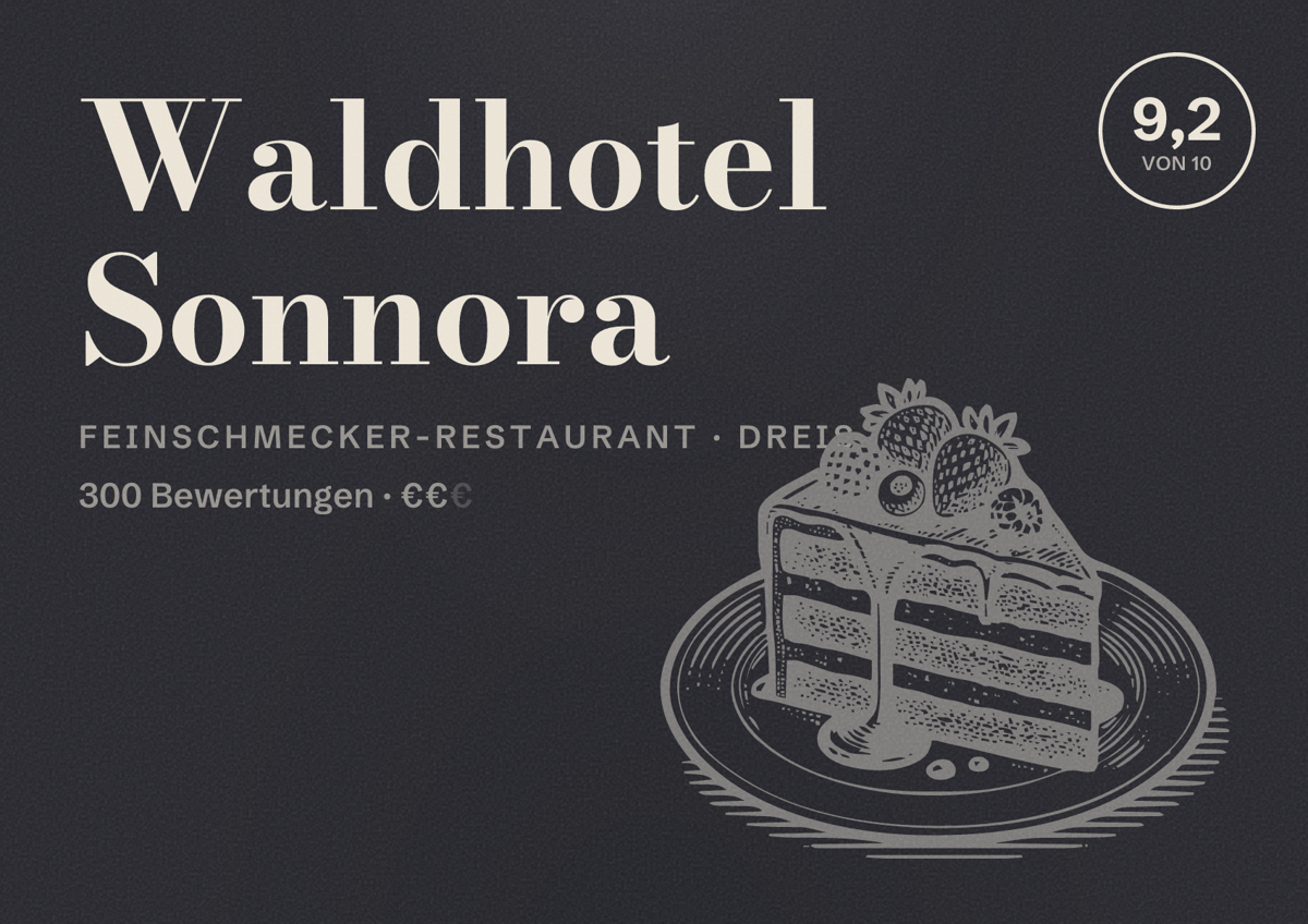 Illustriertes Poster von Waldhotel Sonnora, Feinschmecker-Restaurant in Dreis: Bewertung 9,2 von 10 aus 300 Bewertungen, Preisniveau €€