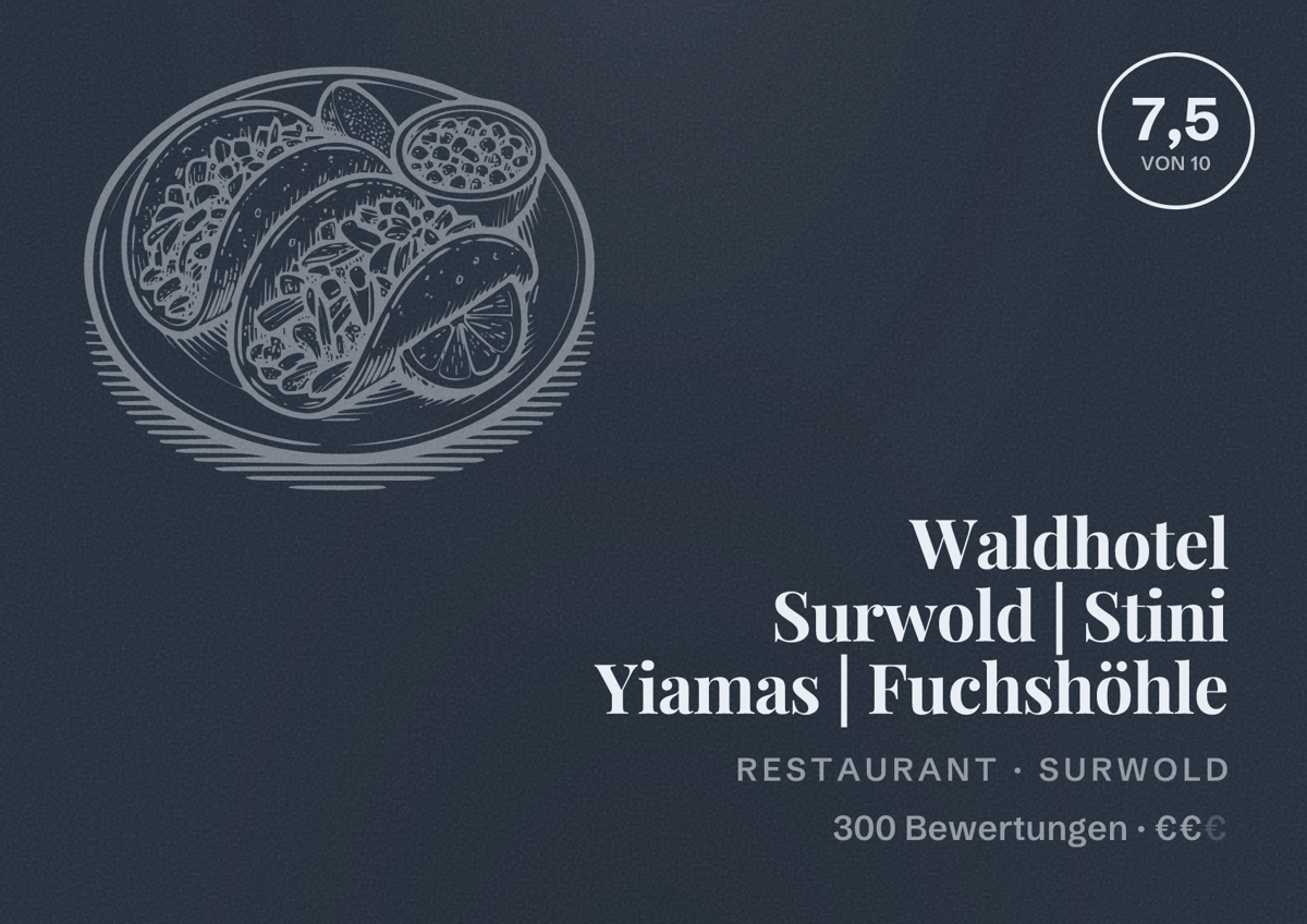 Illustriertes Poster von Waldhotel Surwold | Stini Yiamas | Fuchshöhle, Restaurant in Surwold: Bewertung 7,5 von 10 aus 300 Bewertungen, Preisniveau €€
