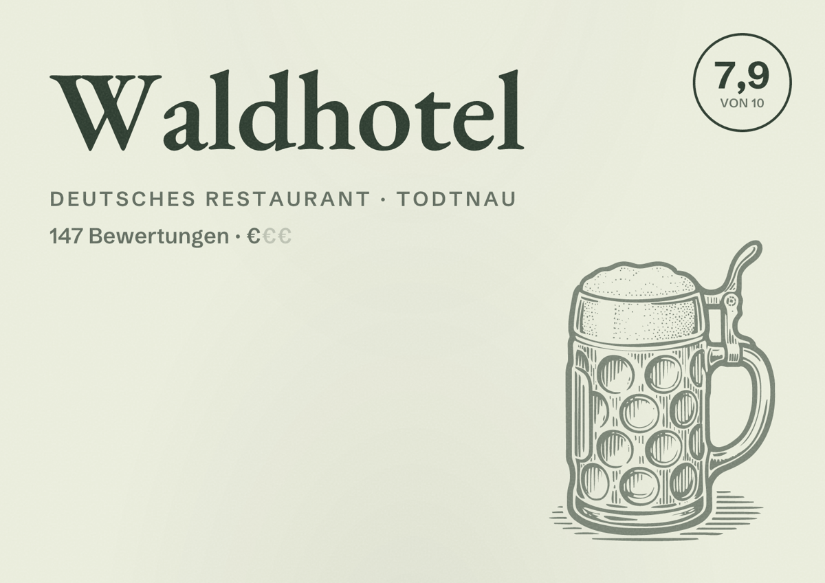 Illustriertes Poster von Waldhotel, Deutsches Restaurant in Todtnau: Bewertung 7,9 von 10 aus 147 Bewertungen, Preisniveau €