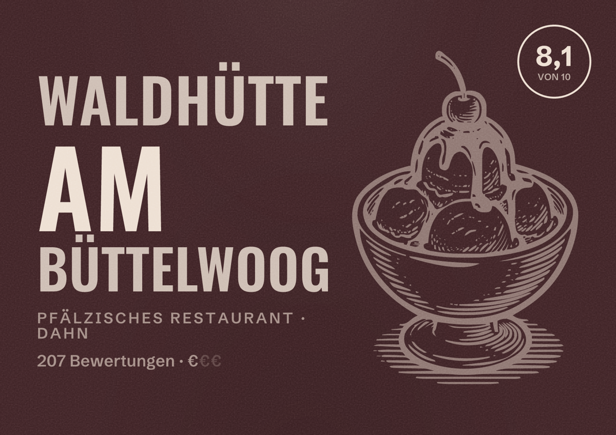 Illustriertes Poster von Waldhütte am Büttelwoog, Pfälzisches Restaurant in Dahn: Bewertung 8,1 von 10 aus 207 Bewertungen, Preisniveau €